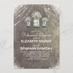 Rustic Mason Jars Baby's Breath Rehearsal Dinner Kaart