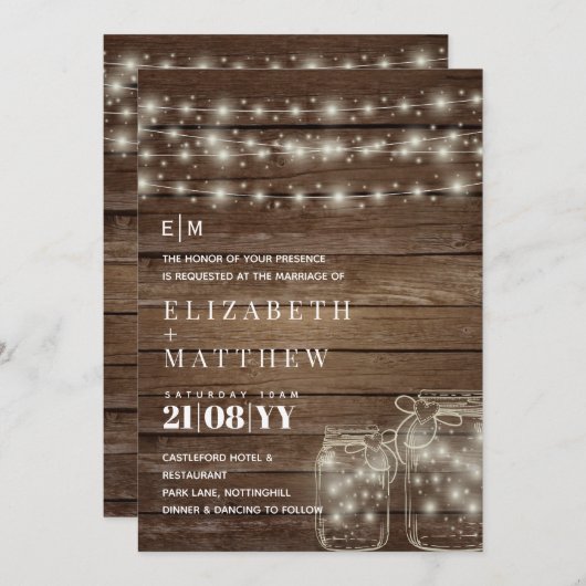 Rustic Mason Jars Éclairage Les Invitations De Mar (Devant / Derrière)