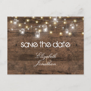 Rustic Mason Jars en String Lights bewaren de datu Aankondigingskaart