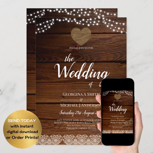 Rustic Mason Jars Lights Lace Gypsophilia WEDDING Kaart