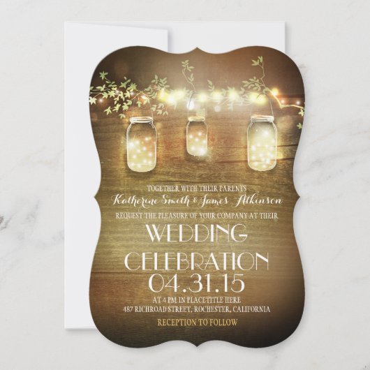 Rustic Mason Jars String Lights Elegant Wedding Kaart (Voorkant)
