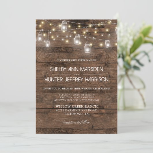 Rustic Mason Jars String Lights Photo Wedding Kaart (Staand voorkant)