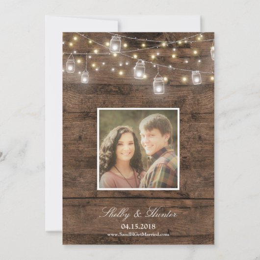 Rustic Mason Jars String Lights Photo Wedding Kaart (Achterkant)