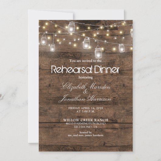 Rustic Mason Jars String Lights Rehearsal Dinner Kaart (Voorkant)