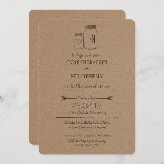 Rustic Masonjar Monogram Heart Rehearsal Dinner Kaart (Voorkant / Achterkant)