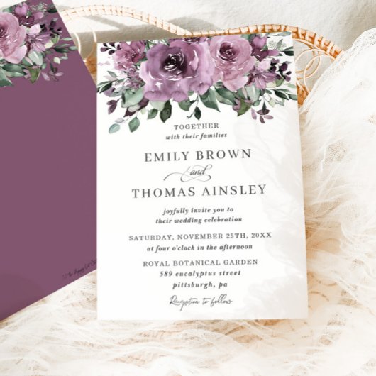 Rustic Mauve Plum Paarse Floral Greenery Wedding Kaart