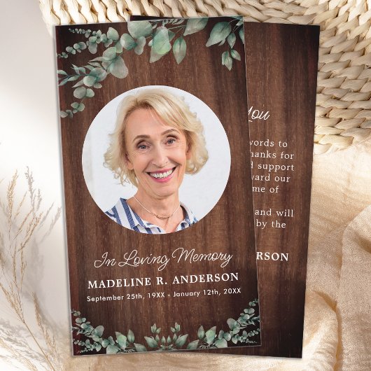 Rustic Memorial Eucalyptus Foto Funeral Hartelijk  Notitiekaartje