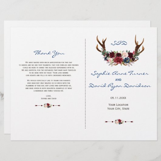 Rustic Merlot Marine Floral Antlers Programme de m (Devant / Derrière)