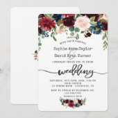 Rustic Merlot Navy Blue Floral Handwriting Wedding Kaart (Voorkant / Achterkant)