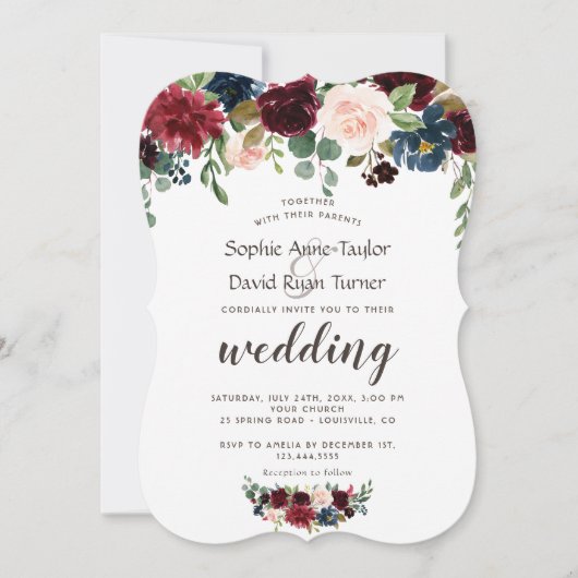 Rustic Merlot Navy Blue Floral Wedding Kaart (Voorkant)