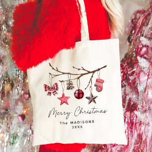 Rustic Merry Christmas Ornamenten Branch Tote Bag