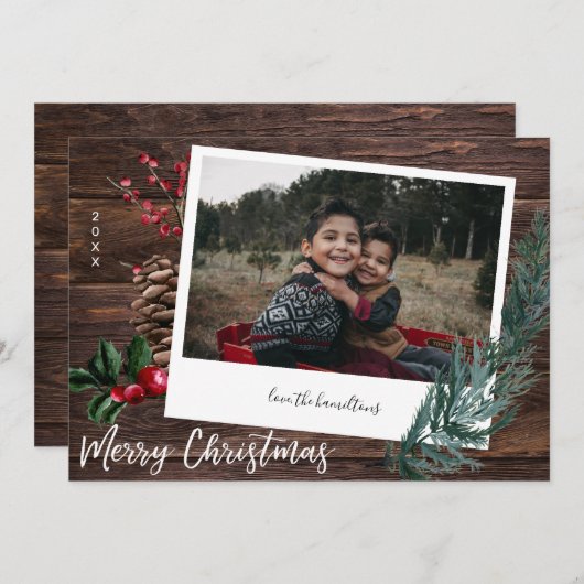 Rustic Merry Kerstmis - Hout & Instant Photo Invi Kaart (Voorkant / Achterkant)
