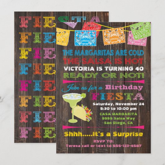 Rustic Mexican Fiesta Birthday Party Invitation Kaart (Voorkant / Achterkant)