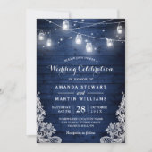 Rustic Midnight Blue String Lights Lace Wedding Kaart (Voorkant)