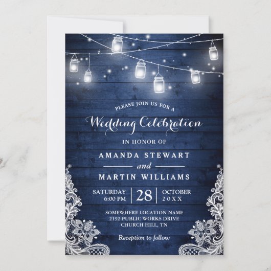 Rustic Midnight Blue String Lights Lace Wedding Kaart (Voorkant)