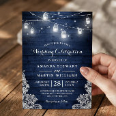Rustic Midnight Blue String Lights Lace Wedding Kaart