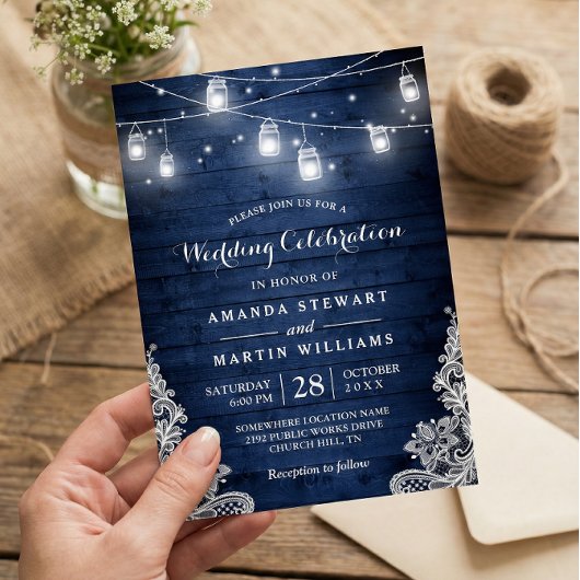 Rustic Midnight Blue String Lights Lace Wedding Kaart