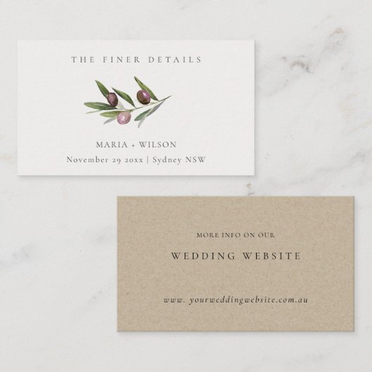 Rustic Minimal Olive Branch Fauna Wedding Website Visitekaartje (Voorkant / Achterkant)