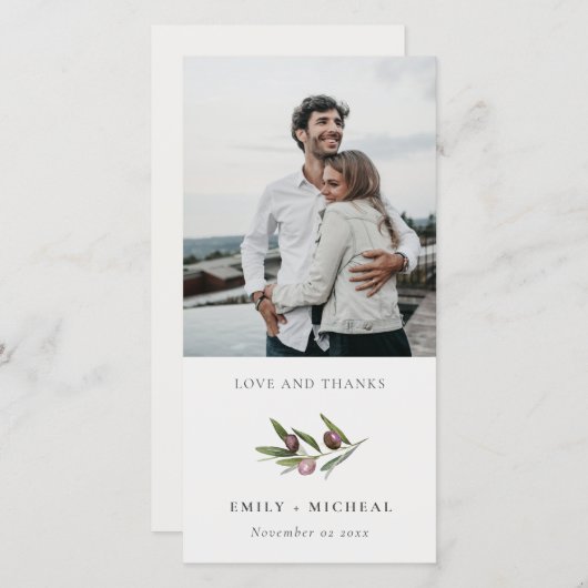Rustic Minimal Olive Branch Foliage Wedding Photo Bedankkaart (Voorkant / Achterkant)
