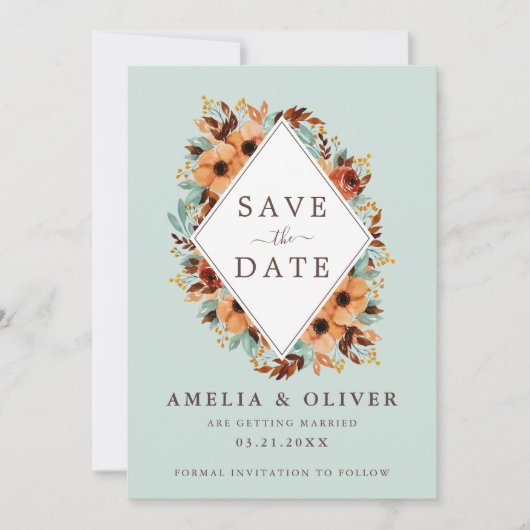 Rustic Mint Green Waterverf Floral Save The Date (Voorkant)