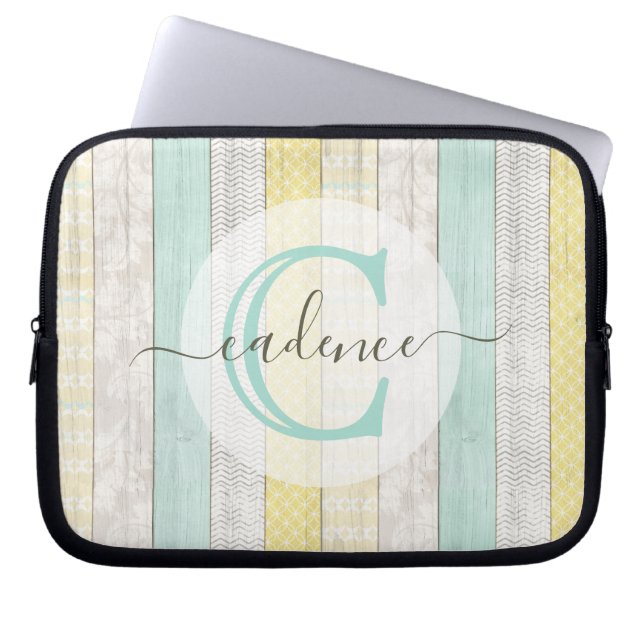 Rustic Mint & Yellow Boho Geo Modern, gepersonalis Laptop Sleeve (Voorkant)