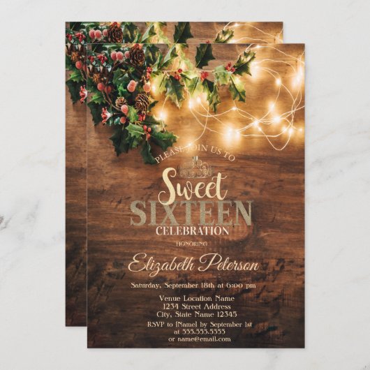 Rustic Mistletoe, String Lights, Wood Sweet 16 Par Kaart (Voorkant / Achterkant)