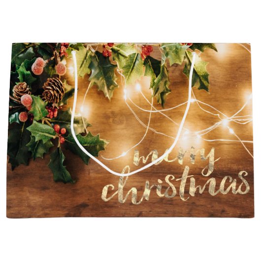 Rustic Mistletoe, String Lights, Wood, Vakantie Groot Cadeauzakje (Voorkant)
