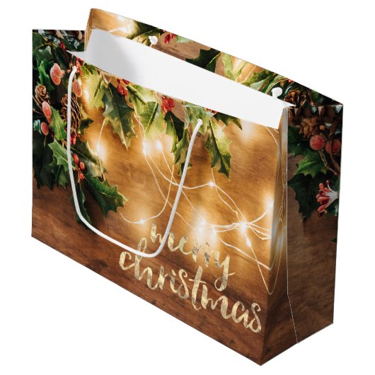 Rustic Mistletoe, String Lights, Wood, Vakantie Groot Cadeauzakje (Voorkant Gekanteld)