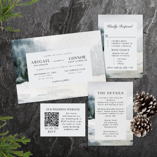 Rustic Misty Mountain Lake Watercolor Invitation