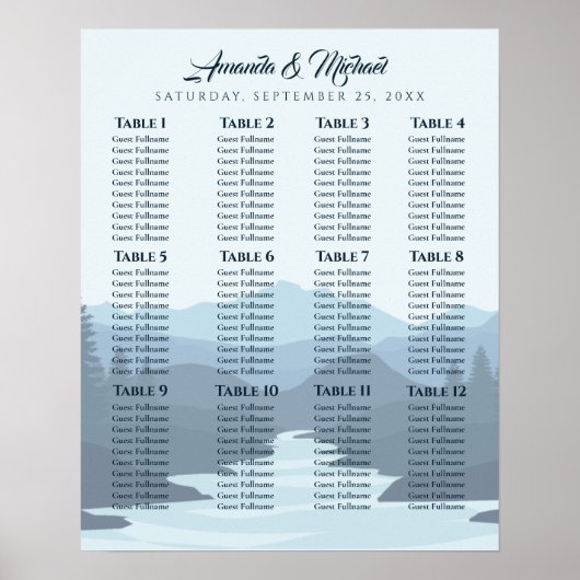 Rustic Misty Mountains Wedding Seding Chart Poster (Voorkant)