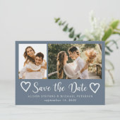 Rustic modern 2 photo dusty blue wedding  save the date (Staand voorkant)