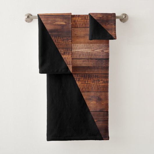 Rustic Modern Black Diagonal & Wood Planks Bad Handdoek (Insitu)