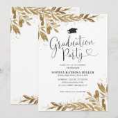 Rustic Modern Gold Floral Sparkle Graduation Party Kaart (Voorkant / Achterkant)