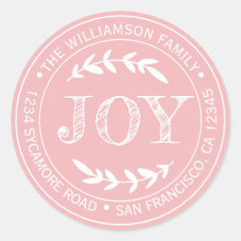Rustic Modern Kerstfeest Joy Return Adres Roze Ronde Sticker