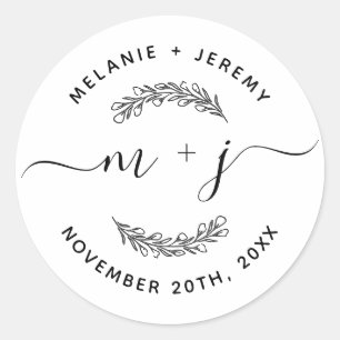 Rustic Modern Leaves Initialen Script Round Weddin Ronde Sticker
