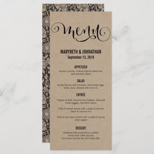 Rustic Modern We doen een Script Wedding Menu Card (Voorkant / Achterkant)