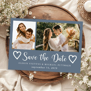 Rustic moderne 2 foto's stoffig blauwe trouw save the date