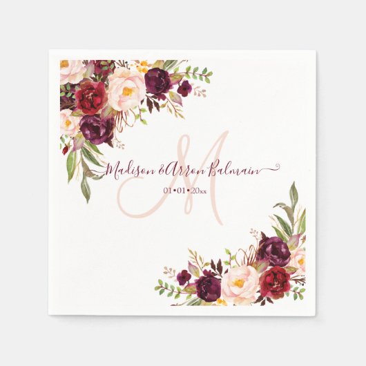 Rustic Monogram, Bourgondische Blush Waterverf Pio Servet (Voorkant)