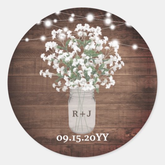 Rustic Monogram Mason Jar Vase Lights Wedding Ronde Sticker (Voorkant)