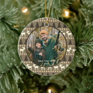Rustic Moose Trees Wilderness Twee foto's Bruin Keramisch Ornament
