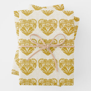 Rustic Mosterd Gouden Decoratief Hartpatroon Inpakpapier Vel