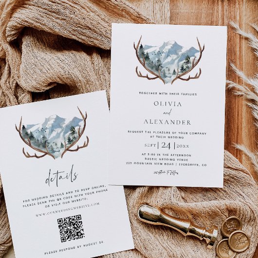 Rustic Mountain Antlers Wedding QR-code Kaart
