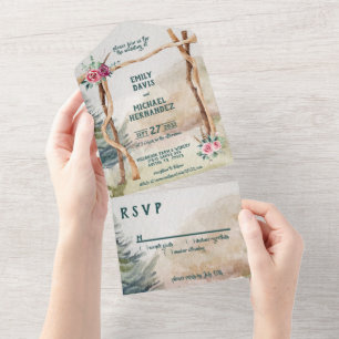 Rustic Mountain Arbor Evergreen Wedding All In One Uitnodiging