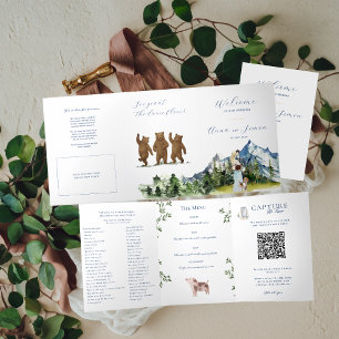 Rustic Mountain Blauw & Goud Huwelijksprogramma Drieluik Uitnodiging