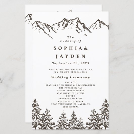 Rustic Mountain Elegant Pine Tree Wedding Programs (Voorkant / Achterkant)