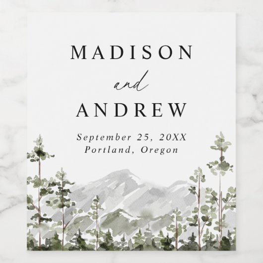 Rustic Mountain Evergreen Forest Wedding Wijn Etiket (Enkel label)