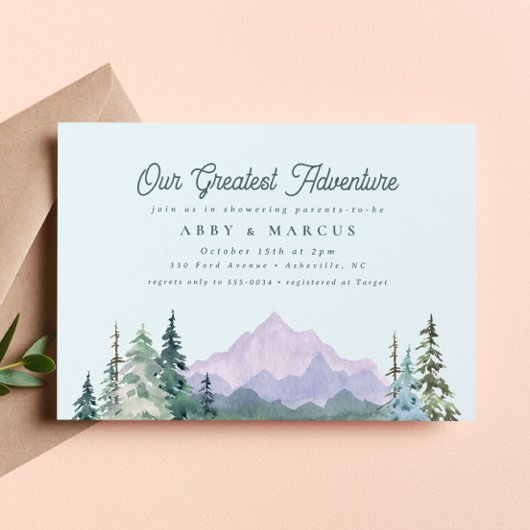 Rustic Mountain Forest Adventure Green Baby shower Kaart