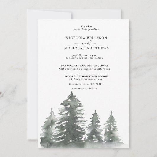 Rustic Mountain Forest Evergreen Tree Wedding Invi Kaart (Voorkant)
