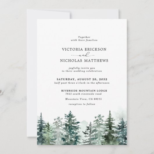 Rustic Mountain Forest Evergreen Tree Wedding Invi Kaart (Voorkant)