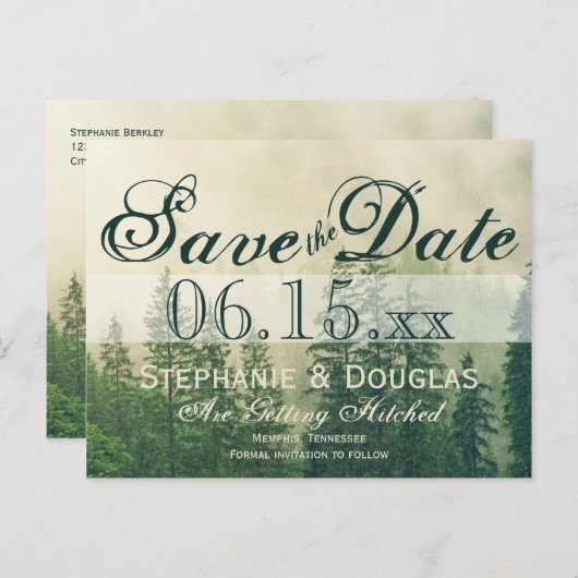 Rustic Mountain Forest Pine Trees Save the Date Aankondigingskaart (Voorkant / Achterkant)